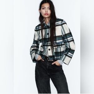 New Zara Plaid Patch Pocket Ecru/Green Shacket Jacket NWT